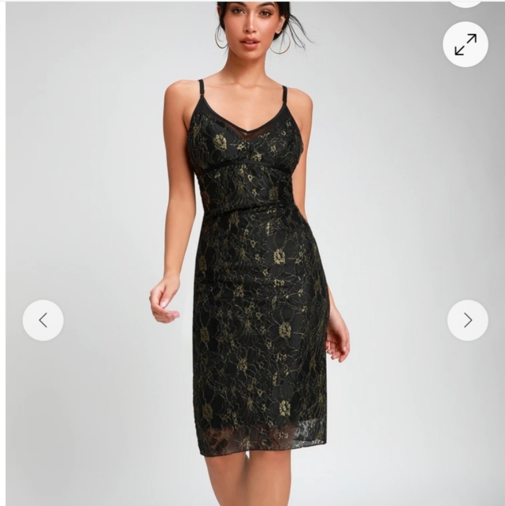 LULUS Shine In The Night Black And Gold Lace Midi Dress Size Medium